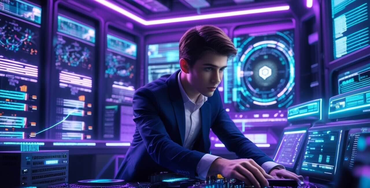 Digital Infrastructure and IoT Engineer working with holographic smart city networks in neon futuristic office.