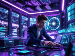 Digital Infrastructure and IoT Engineer working with holographic smart city networks in neon futuristic office.