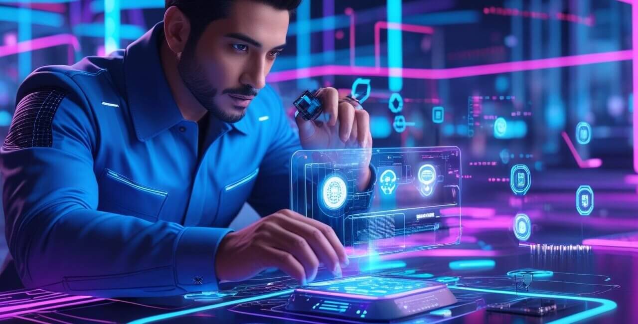 IoT Infrastructure Engineer managing connected devices and futuristic networks with neon dashboards.