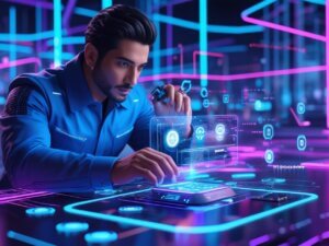 IoT Infrastructure Engineer managing connected devices and futuristic networks with neon dashboards.