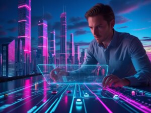 Smart City Planner analyzing futuristic holographic urban maps with neon lights.